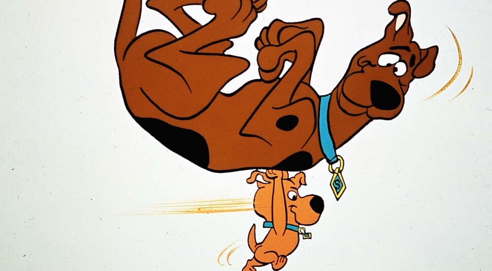 Auf dem Bild in dem Artikel zur Scooby-Doo-Live-Action-Serie ist ein Bild von zwei Charakteren aus der Zeichentrickvorlage zu sehen: Der kleine Hund Scrappy-Doo hebt seinen Onkel Scooby-Doo in die Luft. Scooby-Doo schaut dabei überrascht nach unten. Die Szene wirkt humorvoll und dynamisch.