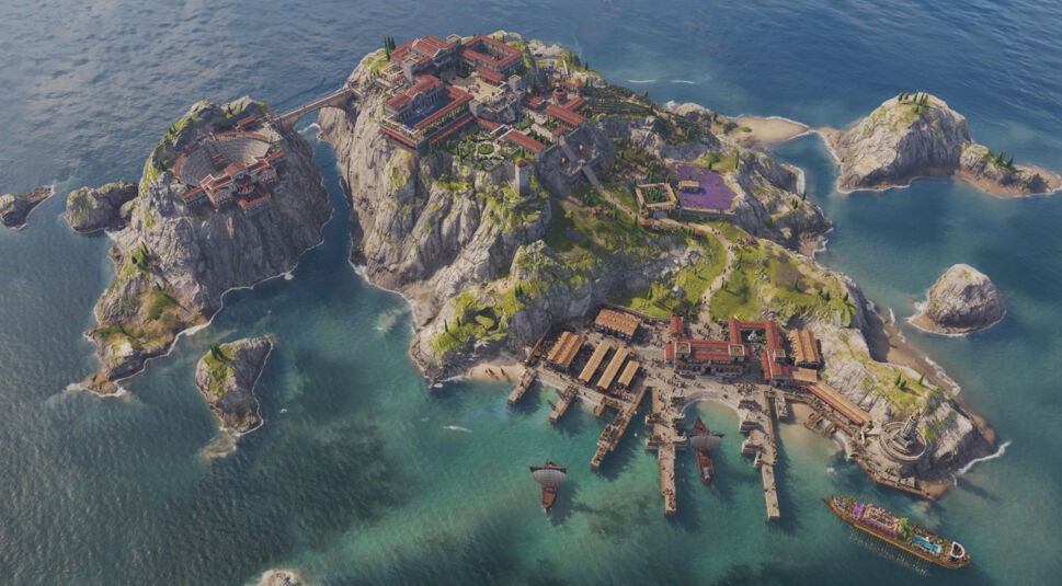 Das Bild aus dem Anno 117: Pax Romana-Test zeigt eine prachtvoll gestaltete Insel mit römischer Architektur. Auf dem felsigen Hochplateau thront Julius’ Villa mit gepflegten Gärten, Säulenhöfen und Zypressen. Unten am Hafen liegen römische Handelsschiffe und Werften, während Lavendelfelder und ein Leuchtturm die Küstenregion zieren. Das Meer ist türkis und ruhig – die Szene wirkt edel und mediterran.