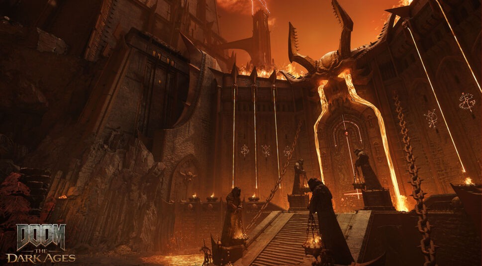 Das Symbolbild zum Doom: The Dark Ages Test zeigt eine imposante Höllenfestung mit brennenden Symbolen, gewaltigen Steinstatuen und einer dämonischen Toröffnung in Form eines gigantischen Schädels mit Hörnern, aus dessen Augen Lava fließt. Die Szene ist in rötliches Licht getaucht und vermittelt eine düstere, bedrohliche Atmosphäre voller Detailreichtum.