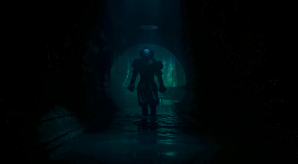 Welcome to Derry zeigt in dieser düsteren Szene Pennywise, gespielt von Bill Skarsgård, wie er bedrohlich in einem dunklen Abwassersystem steht. 
