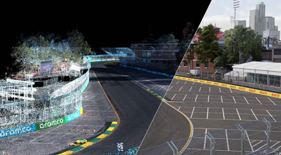 Das Bild zum F1 25 Test zeigt einen Split-Screen-Vergleich einer Rennstrecke: Links ist das digitale Punktwolkenmodell aus einem LiDAR-Scan zu sehen, rechts die fotorealistische Umsetzung im Spiel. Der Kontrast verdeutlicht die technische Präzision, mit der Strecken in F1 25 nachgebildet werden.