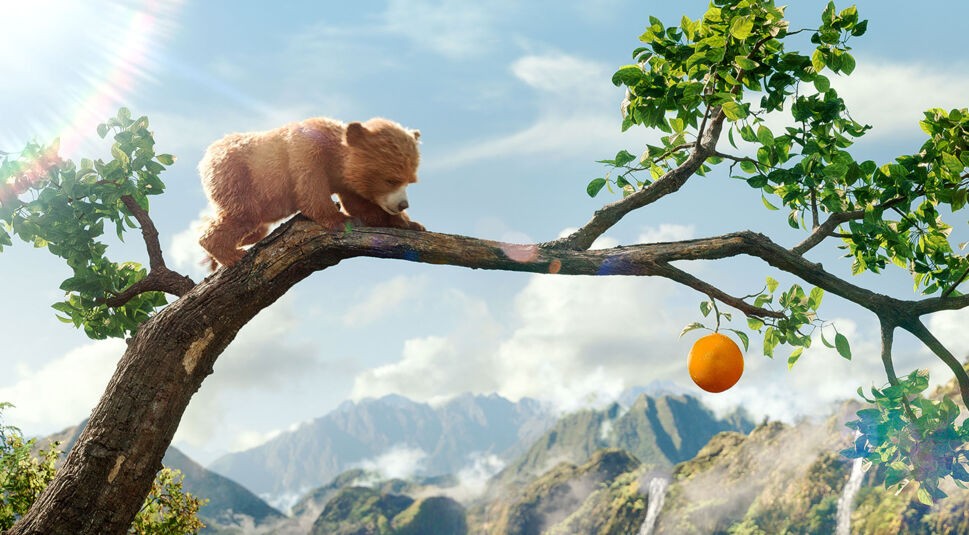 Das Bild zu den GigaTV-Highlights im Mai zeigt eine Szene aus dem Film „Paddington in Peru“. Ein junger Bär, vermutlich Paddington als Jungtier, balanciert vorsichtig auf einem Ast hoch über einer üppigen Berglandschaft. Er schaut konzentriert auf eine leuchtend orangefarbene Frucht, die am Ende des Zweigs hängt. Die Szene wirkt abenteuerlich und naturverbunden.