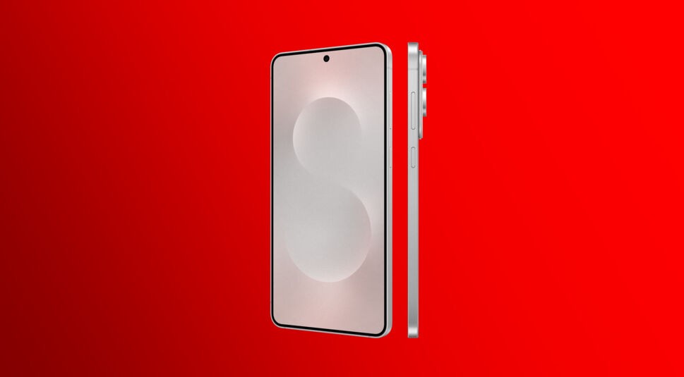 Das Bild zeigt das Samsung Galaxy S25 Edge in der Farbe Titanium Silver aus Front- und Seitenansicht. Das Display mit dünnem Rahmen und zentrierter Punch-Hole-Kamera wirkt nahtlos und modern. Die Seitenansicht hebt das schlanke Aluminiumgehäuse und die leicht hervorgehobene Kameraeinheit hervor. Der rote Hintergrund unterstreicht das minimalistische Premium-Design des Samsung Galaxy S25 Edge.