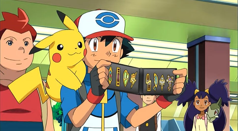 Ash mit allen Orden in „Pokémon Schwarz und Weiß“.