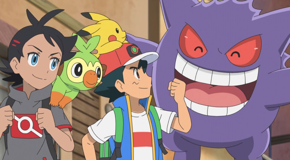 Goh, Chimpep, Pikachu, Ash und Gengar aus der 25. Staffel „Pokémon“.