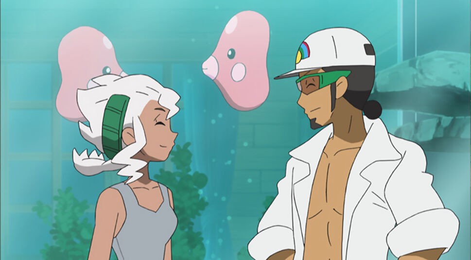 Zwei Liebiskus und beide Professoren in der Jubiläumsfolge in der 1.000. Folge (Staffel 21) von „Pokémon“.