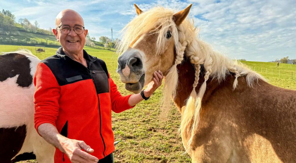 Bei Bauer sucht Frau 2025 steht Kandidat Herbert mit roter Jacke auf der Weide und streichelt ein Haflinger-Pferd mit geflohnener Mähne. Er wirkt herzlich und tierverbunden.