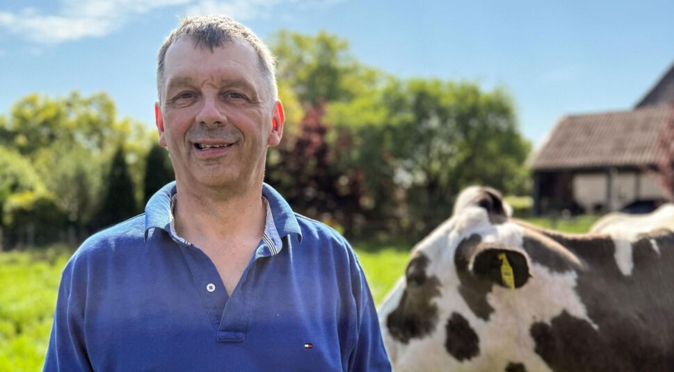 Bei Bauer sucht Frau 2025 steht Kandidat Johann in blauem Poloshirt auf einer Weide. Hinter ihm grast eine Kuh, während er in ländlicher Idylle entspannt in die Kamera lächelt.