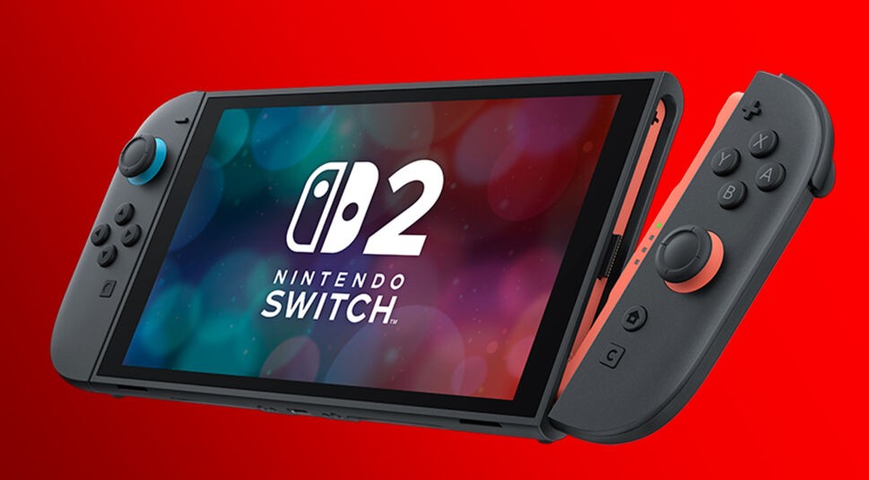 Das Bild zeigt die Nintendo Switch 2 mit einem teilweise gelösten Joy-Con-Controller auf der rechten Seite, was auf ein neues Magnetsystem zur Befestigung hinweist. Der Bildschirm zeigt das Nintendo-Switch-2-Logo vor rotem Hintergrund. Die abnehmbare Steuerung illustriert exemplarisch die Switch 2 vs. Switch 1 Unterschiede in der Controller-Technologie und Verbindungsmethode.