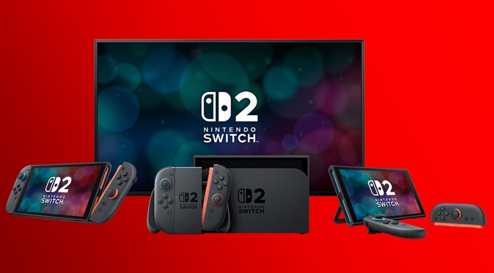 Das Bild präsentiert die Nintendo Switch 2 in verschiedenen Spielmodi: tragbar mit angedockten Joy-Cons, stationär in der Docking-Station, im Tischmodus mit abgenommenen Controllern und als TV-Ausgabe im Hintergrund. Die Vielfalt der Nutzungsmöglichkeiten veranschaulicht deutlich die Switch 2 vs. Switch 1 Unterschiede hinsichtlich Flexibilität, Konnektivität und Controller-Design.