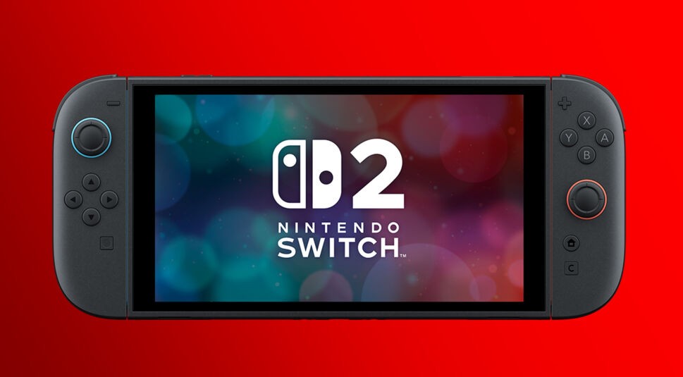 Die Nintendo Switch 2 wird auf diesem Bild in Frontalansicht mit angedockten Joy-Con-Controllern vor einem kräftig roten Hintergrund gezeigt. Auf dem Display ist das offizielle Switch-2-Logo zu sehen. Das Bild betont die modernisierte Optik und setzt die Switch 2 vs. Switch 1 Unterschiede in Szene, besonders in Bezug auf Farbgebung, Tastenlayout und Gehäusedesign.