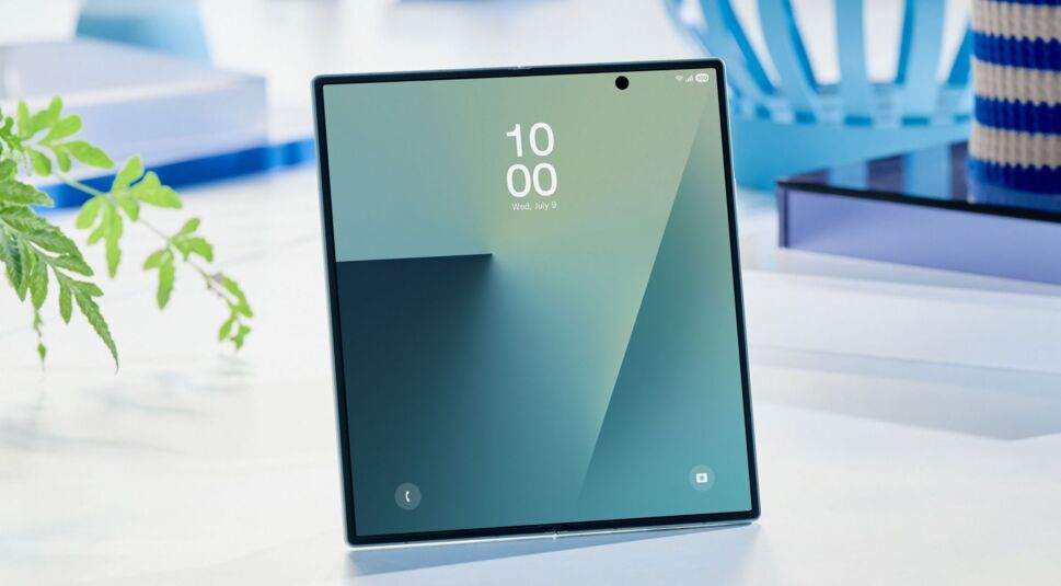 Das Galaxy Z Fold7 steht aufgeklappt auf einem Tisch.