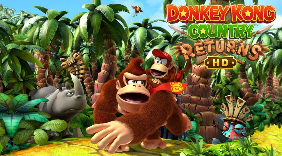 Das offizielle Cover zu Donkey Kong Country Returns HD zeigt Donkey Kong und Diddy Kong inmitten eines Dschungels. Donkey Kong streckt seinen Arm nach vorn, während Diddy Kong auf seinem Rücken sitzt. Das Logo des Spiels ist oben eingeblendet.
