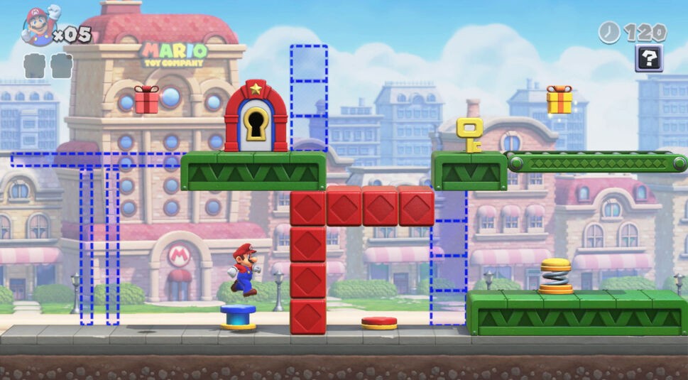 Dieses Bild aus einem Donkey Kong-Spiel im Puzzle-Stil zeigt Mario, wie er durch ein Level mit beweglichen Plattformen läuft.