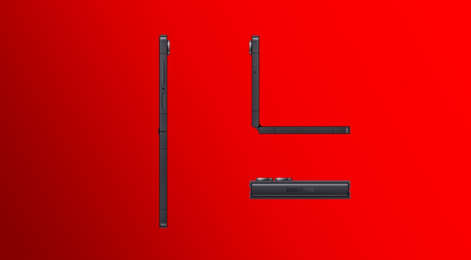 Das Bild zeigt 3 Mal das Samsung Galaxy Z Flip7 im zugeklappten Zustand. vor rotem Hintergrund.