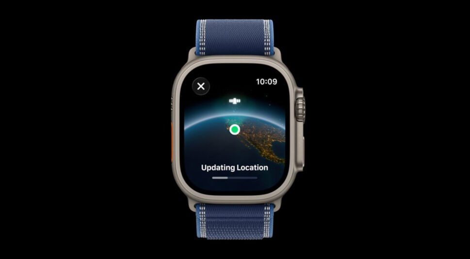 Apple Watch Ultra 3 vor schwarzem Hintergrund mit einem Icon zur Standortübermittlung auf dem Display