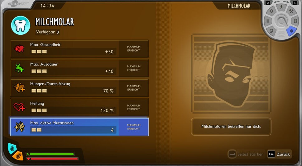 Übersicht über die Stärkungseffekte der Milchmolaren-Verstärkungen in „Grounded 2“.