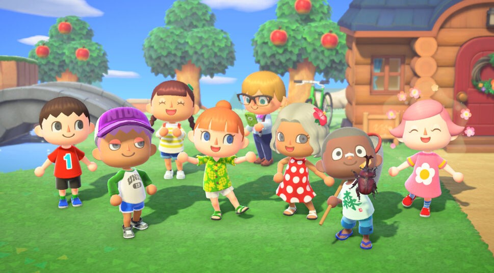 Das Bild zeigt verschiedene Spielercharaktere aus Animal Crossing: New Horizons, die gut gelaunt auf einer grünen Wiese posieren. Im Hintergrund stehen Apfelbäume, ein Holzhaus und eine Steinbrücke. Die Vielfalt und Individualität der Figuren betonen den kreativen Spielansatz von Animal Crossing für die Switch 2.