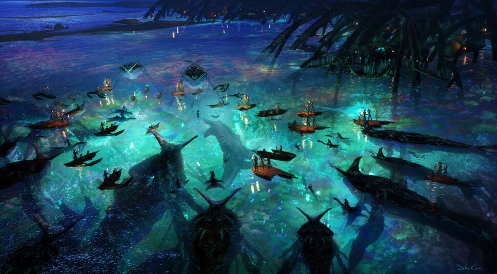 Diese Szene aus Avatar: Fire and Ash der Avatar-Filme zeigt ein nächtliches Treffen im flachen, schimmernden Wasser vor einer biolumineszierenden Meereswelt. Zahlreiche Na'vi stehen auf kleinen Booten oder schwimmen, während riesige Meereskreaturen unter ihnen gleiten. Die Atmosphäre ist friedlich, magisch und voller spiritueller Bedeutung.