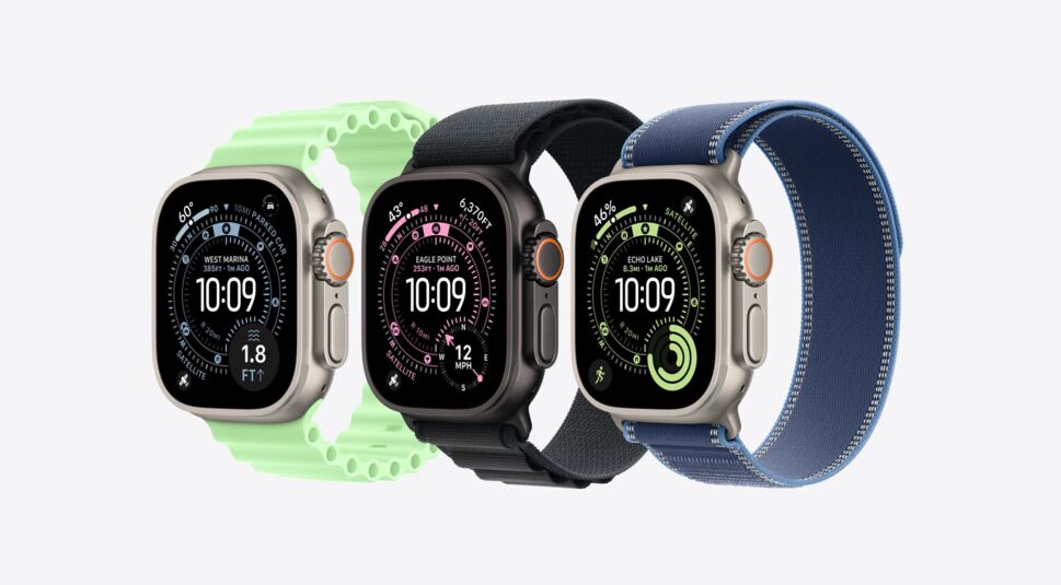 Drei neue Armbänder für die Apple Watch Ultra 3 sind nebeneinander zu sehen.
