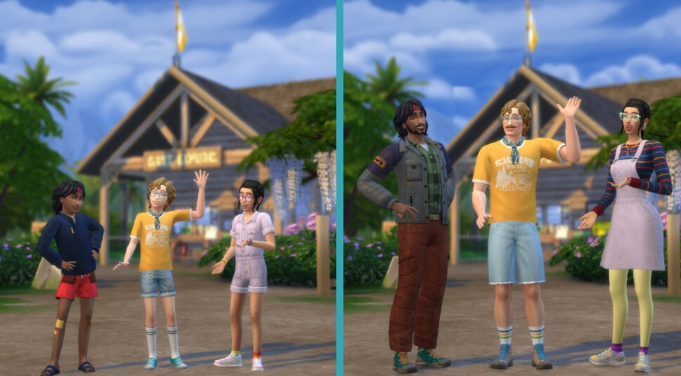 Auf diesem Bild aus Die Sims 4 Auf ins Abenteuer! posieren drei Kinder-Sims und drei Erwachsene-Sims vor einem Holzgebäude.