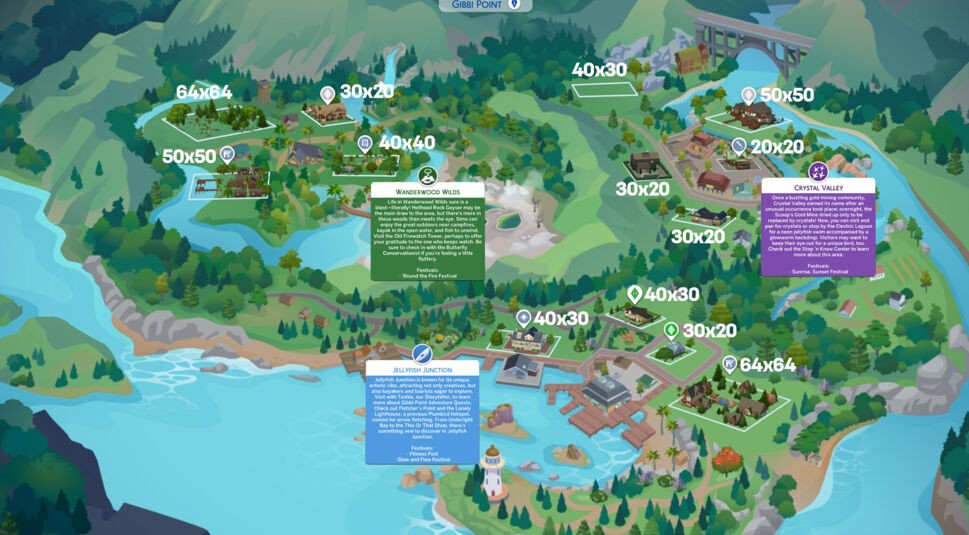 Die Übersichtskarte aus Die Sims 4 Auf ins Abenteuer! zeigt drei spielbare Regionen – Wanderwood Wilds, Crystal Valley und Jellyfish Junction.