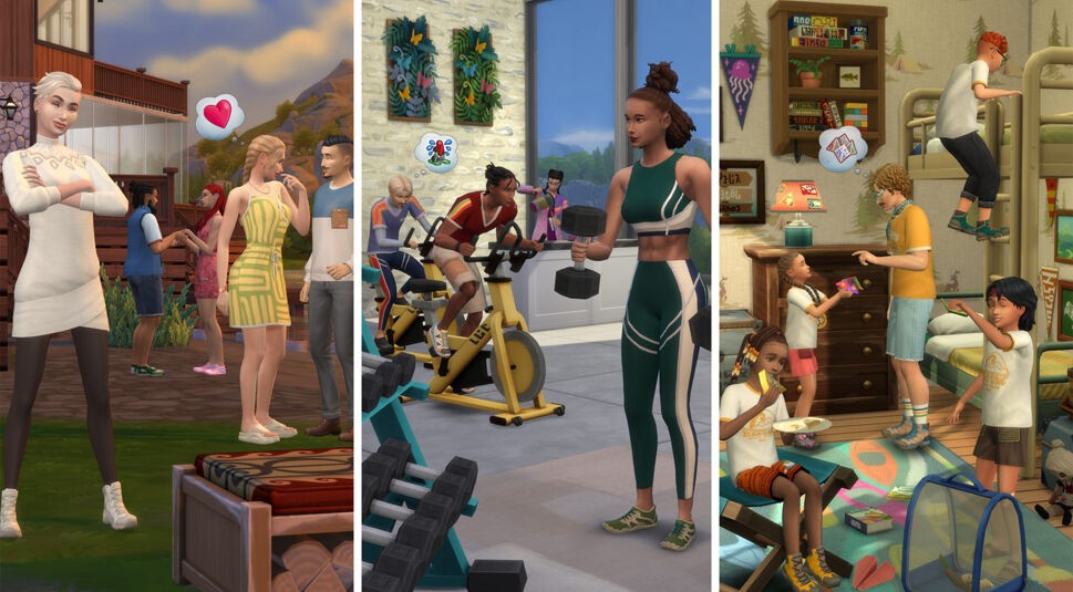 Das Bild zu Die Sims 4 Auf ins Abenteuer! zeigt drei Alltagsszenen: links unterhalten sich Sims in legerer Outdoor-Kleidung, in der Mitte trainieren sie im modernen Fitnessstudio und rechts spielen Sims-Kinder in einem Raum.