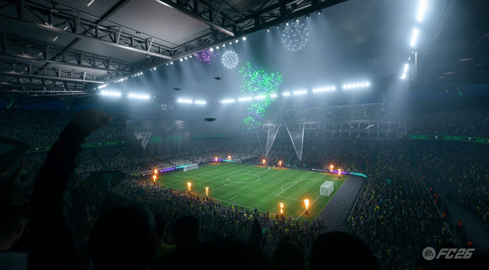 Auf dem Bild in dem Artikel zu den EA FC 26-Tipps ist ein volles Fußballstadion zu sehen. Hunderte Fans feiern eine Eröffnungsshow, während das Spielfeld hell erleuchtet ist. Das Bild stammt aus dem Game.