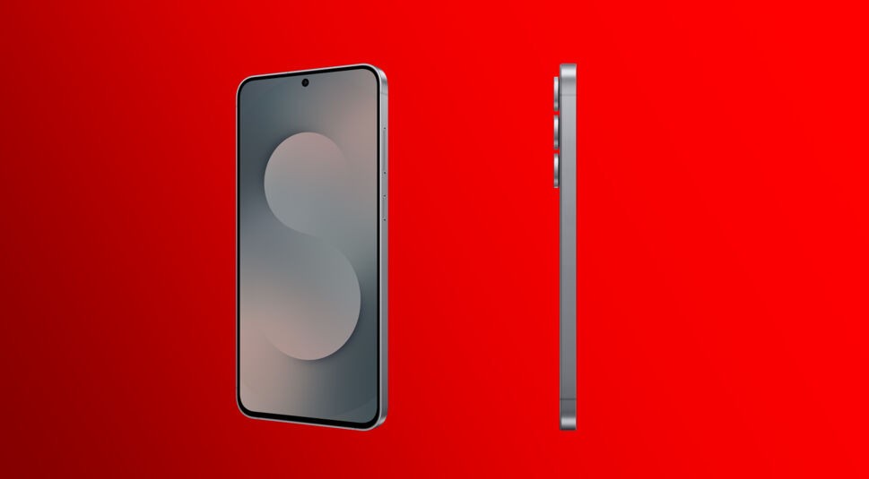 Das Samsung Galaxy S25 FE wird hier aus zwei Perspektiven dargestellt: Frontalansicht mit Display und Seitenansicht, die die flache Bauweise zeigt.