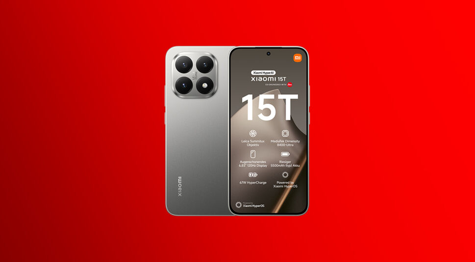 Auf dem Bild ist das Xiaomi 15T in der Farbe Gray auf rotem Hintergrund zu sehen.
