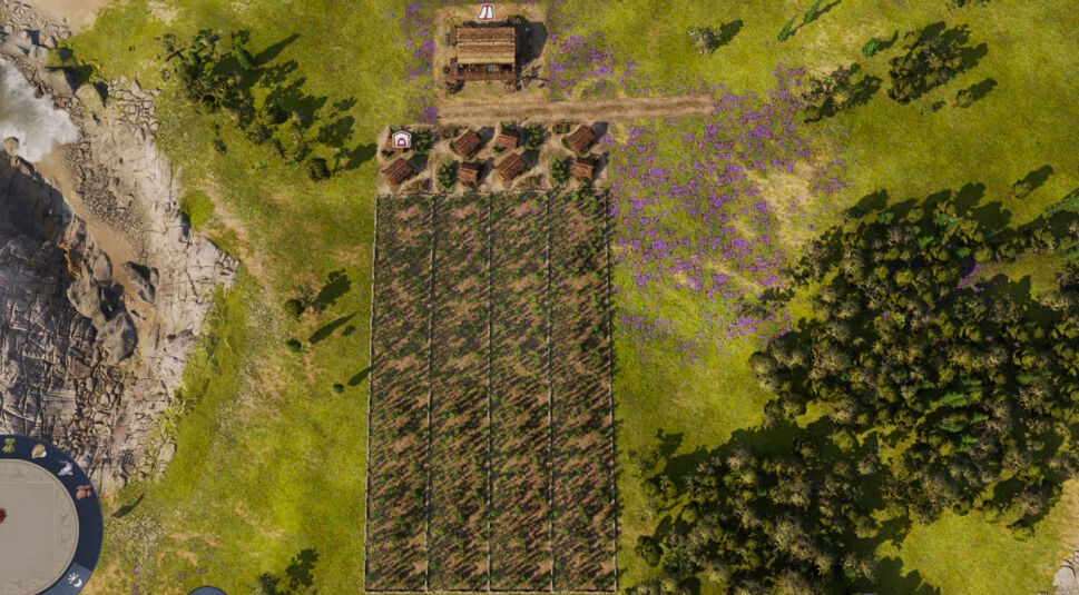 Ein Layout bestehend aus vier Hanfhöfen und einem Lagerhaus in „Anno 117: Pax Romana“.