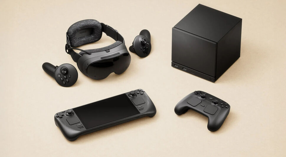 Produktbild Steam Machine und Zubehör, wie Steam Controller, Steam Frame und Steam Deck.