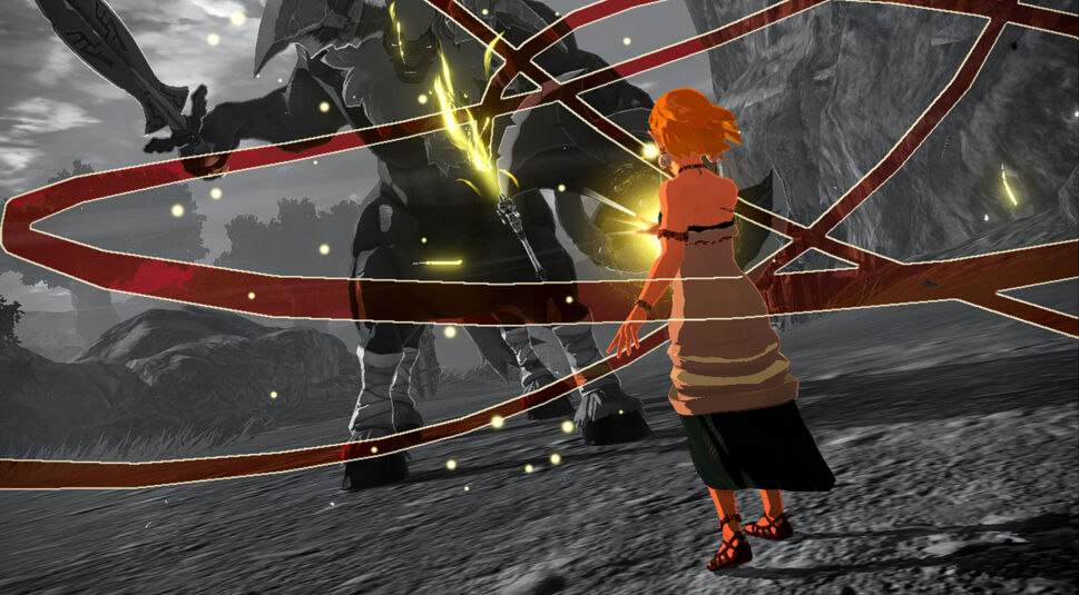 In dieser spannungsgeladenen Szene aus Hyrule Warriors: Chronik der Versiegelung steht Prinzessin Zelda einem riesigen, schwarz gepanzerten Gegner gegenüber. Um sie herum leuchten magische Energiebänder in Gelb und Rot, die Bewegung und Kraft andeuten. Der Hintergrund ist in Graustufen gehalten, was Zeldas leuchtende Präsenz betont. Ideal für Hyrule Warriors: Chronik der Versiegelung Tipps.