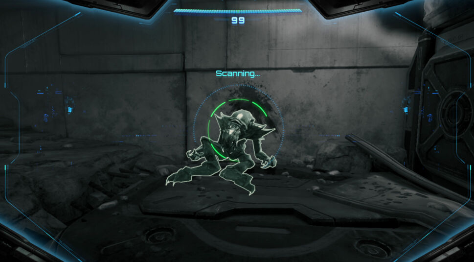 Auf dem Bild zu Metroid Prime 4: Beyond Tipps wird durch den Scan-Visor ein außerirdisches Wesen in einer düsteren, technischen Umgebung analysiert. Die Benutzeroberfläche zeigt den Scan-Vorgang mit einem grünen Zielkreis und der Anzeige „Scanning…“. Die Szene wirkt angespannt und technisch-futuristisch, typisch für Samus Arans Hightech-Ausrüstung.