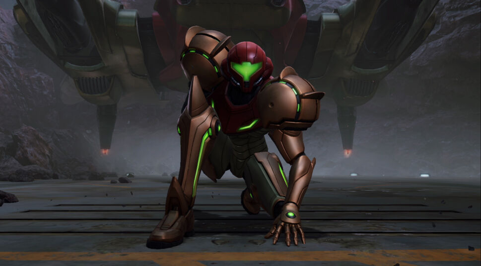 In dieser Szene aus Metroid Prime 4: Beyond Tipps landet Samus Aran heldenhaft vor ihrem Raumschiff und geht sofort in eine kniende Kampfpose über. Ihre ikonische Power-Rüstung mit grün leuchtenden Elementen kontrastiert mit der dunklen, felsigen Umgebung. Der Moment wirkt energiegeladen und symbolisiert den Beginn einer Mission.