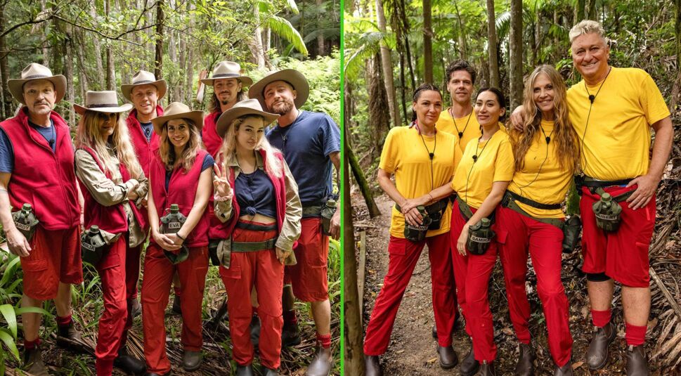 Auf dem Bild zum Dschungelcamp 2026 sind zwei Gruppen von Teilnehmer:innen zu sehen.