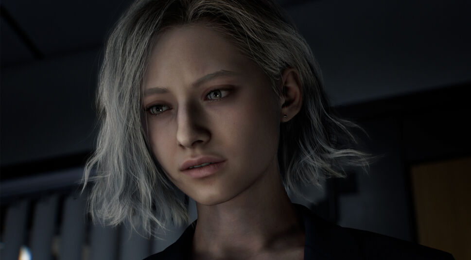 Auf dem Bild ist Grace Ashcroft aus dem Spiel zu sehen, eine der Resident Evil Requiem Charaktere. Sie hat silberblondes, schulterlanges Haar und einen nachdenklichen, leicht besorgten Gesichtsausdruck. Die Szene ist dunkel und wirkt angespannt, vermutlich spielt sie in einem Büro oder Labor. Ihre realistische Darstellung unterstreicht den ernsten Ton des Spiels.