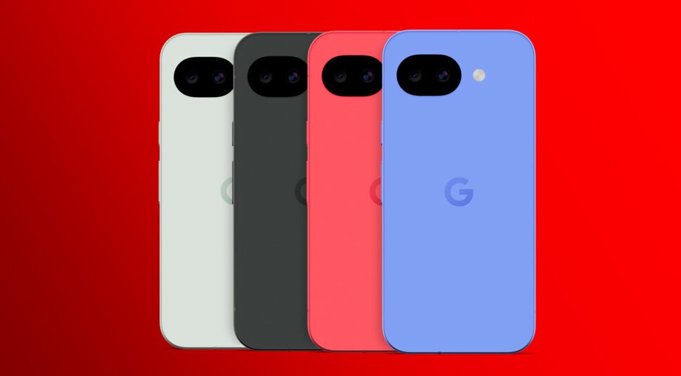 Das Bild zeigt die vier Farbvarianten des neuen Google Pixel 10a. Von links nach rechts sind die folgenden Farben zu sehen: Fog, Obsidian, Berry und Lavender. Die vier Smartphones sind nebeneinander aufgereiht und vor rotem Hintergrund platziert.