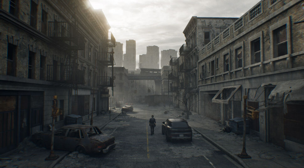 Auf dem Bild aus dem Resident Evil Requiem Test ist eine verlassene, zerstörte Stadtstraße zu sehen. Eine einzelne Person läuft mittig durch die leere Fahrbahn, umgeben von bröckelnden Gebäuden, ausgebrannten Autos und zerstörten Fassaden. Im Hintergrund ragen Hochhäuser in den grauen Himmel. Die Atmosphäre wirkt trostlos, still und bedrohlich