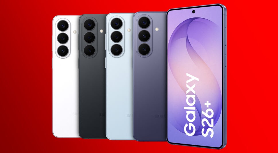 Das Bild zeigt die vier Farben des neuen Samsung Galaxy S26 Plus Auch hier stehen die Farben White, Black, Sky Blue und Cobald Violet zur Verfügung (v.l.n.r.).