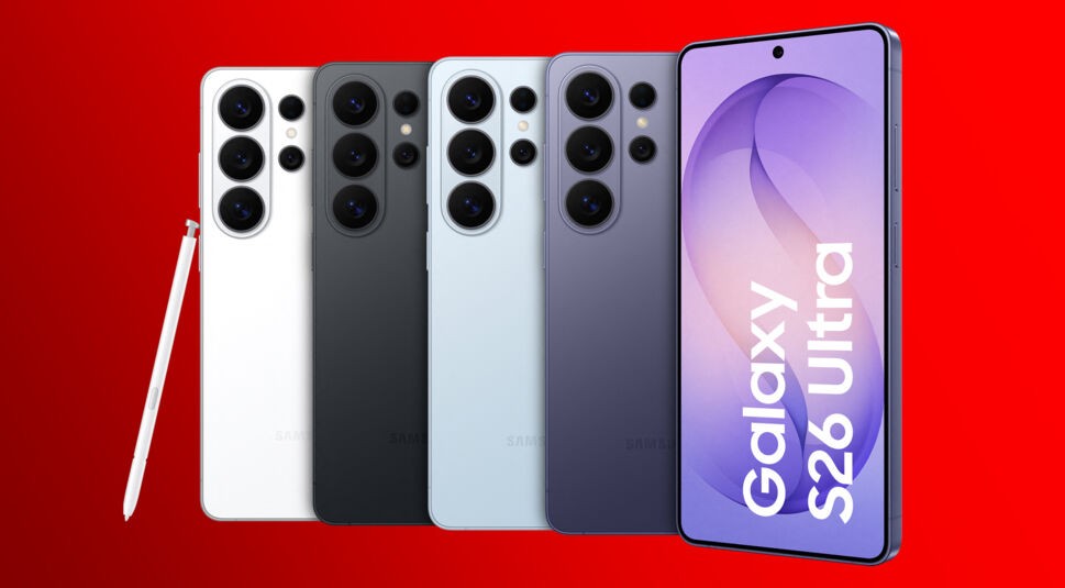 Das Bild zeigt die vier Farben des neuen Samsung Galaxy S26 Ultra. Auch hier stehen die Farben White, Black, Sky Blue und Cobald Violet zur Verfügung (v.l.n.r.).