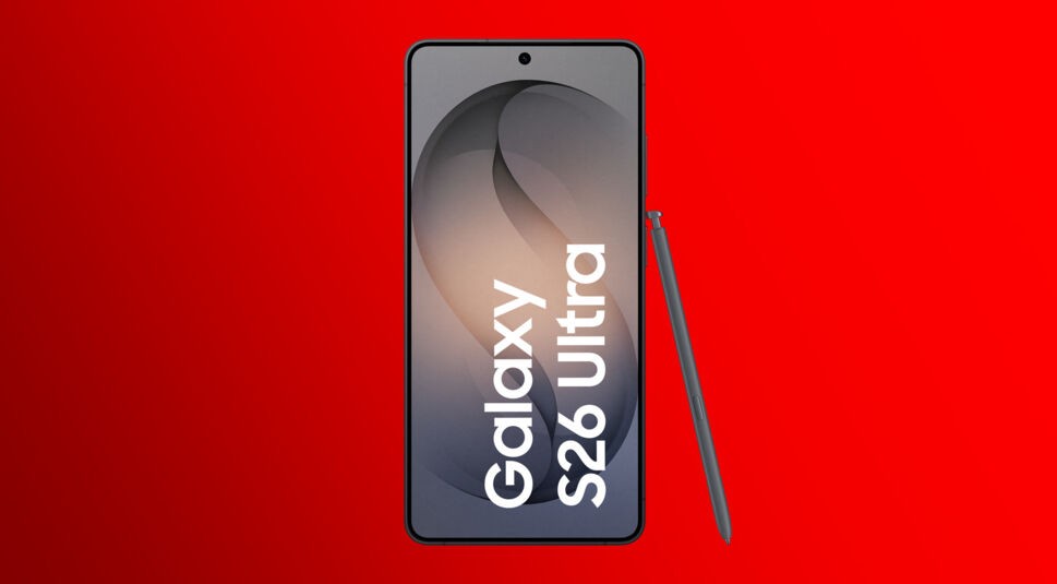 Das S26 Ultra kommt mit einem Stift, dem sogenannten S Pen daher. Auf diesem Bild ist die Vorderseite des Smartphones zu sehen und vor rotem Hintergrund abgebildet.