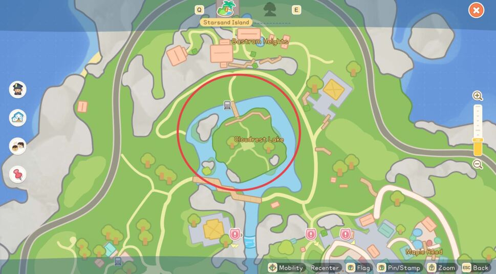 Spielkarte von „Starsand Island“ mit rot markiertem Bereich rund um Cloudrest Lake.