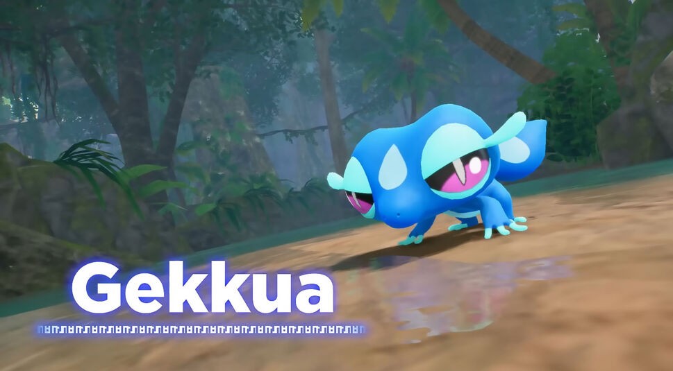 Gekkua, das Wasser-Starter-Pokémon aus „Pokémon Wind & Welle“, steht auf einem Waldweg in einer tropischen Umgebung.