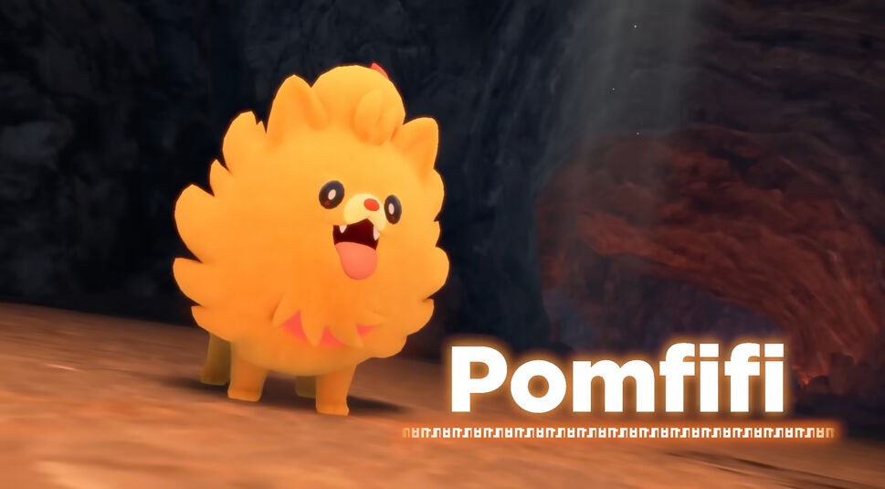Pomfifi, das Feuer-Starter-Pokémon aus „Pokémon Wind & Welle“, steht in einer dunklen Höhle und leuchtet leicht.