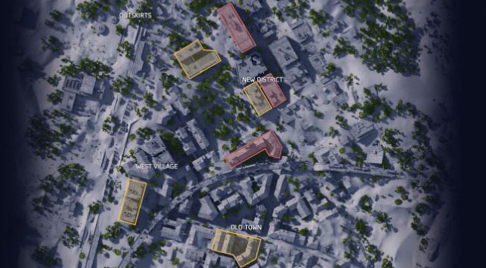 Auf der Übersicht der Arc Raiders Maps ist die Map Buried City aus der Vogelperspektive zu sehen. Schneebedeckte Gebäude formen dicht bebaute Stadtviertel wie „West Village“, „Old Town“ und „New District“, die im Bild beschriftet sind. Mehrere markierte Bereiche heben wichtige Zonen hervor. Die Atmosphäre wirkt taktisch und strategisch, mit klar erkennbarem urbanem Aufbau.