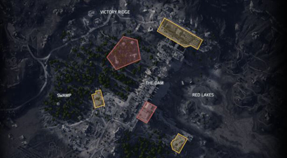 Auf der Übersicht der Arc Raiders Maps ist die Map Dam Battleground aus der Vogelperspektive dargestellt. Deutlich erkennbar sind markierte Bereiche rund um „The Dam“, „Victory Ridge“, „Swamp“ und „Red Lakes“. Verschiedene farbige Zonen heben strategisch wichtige Areale hervor. Die Landschaft wirkt weitläufig, rau und taktisch anspruchsvoll, mit Gewässern, Wäldern und industriellen Strukturen.