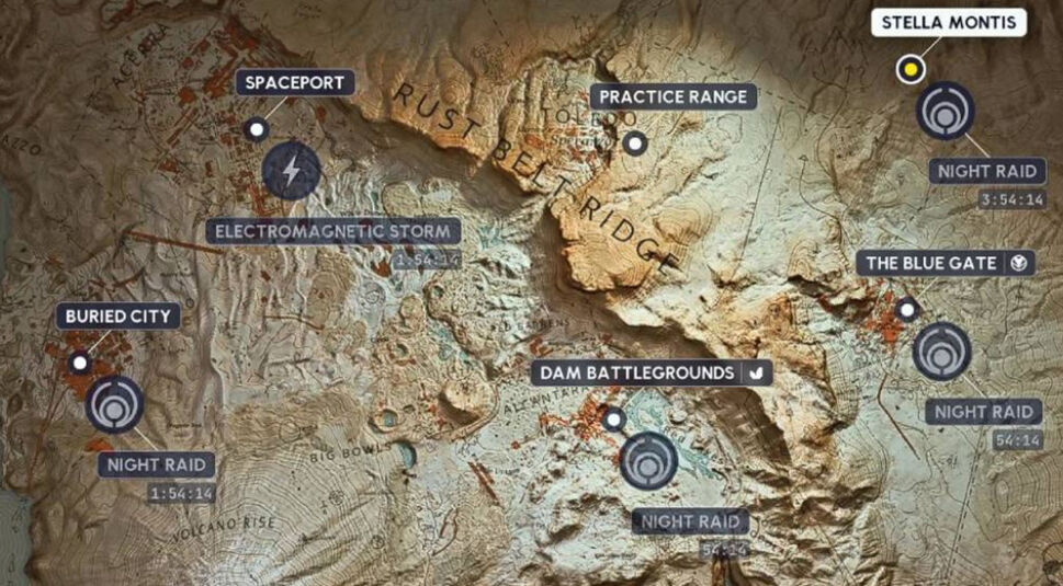 Auf der Übersicht der Arc Raiders Maps ist eine großflächige Weltkarte mit mehreren markierten Einsatzorten zu sehen. Beschriftete Bereiche wie „Buried City“, „Dam Battlegrounds“, „Spaceport“, „Practice Range“ und „The Blue Gate“ sind deutlich hervorgehoben. Symbole kennzeichnen Night-Raid-Events und besondere Zonen. Die Karte wirkt strategisch aufgebaut und vermittelt eine taktische, einsatzorientierte Atmosphäre.