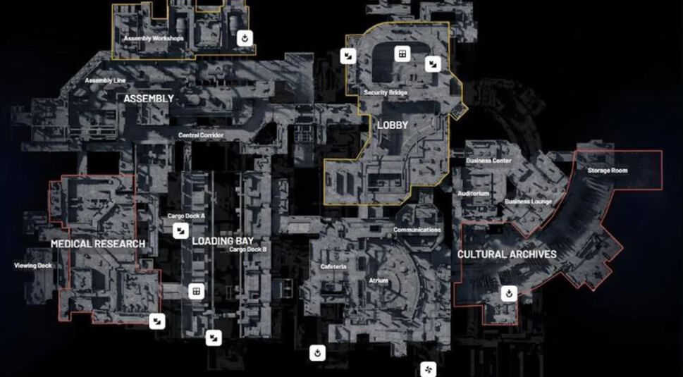 Auf der Detailansicht der Arc Raiders Maps ist die Map Stella Montis als Innenraumkarte dargestellt. Deutlich beschriftete Bereiche wie „Assembly“, „Lobby“, „Medical Research“, „Loading Bay“ und „Cultural Archives“ strukturieren das komplexe Gebäude. Weitere Zonen wie „Security Bridge“, „Business Center“ und „Storage Room“ zeigen strategische Schlüsselpositionen. Die Karte wirkt eng verzweigt, taktisch anspruchsvoll und stark auf Nahkämpfe ausgelegt.