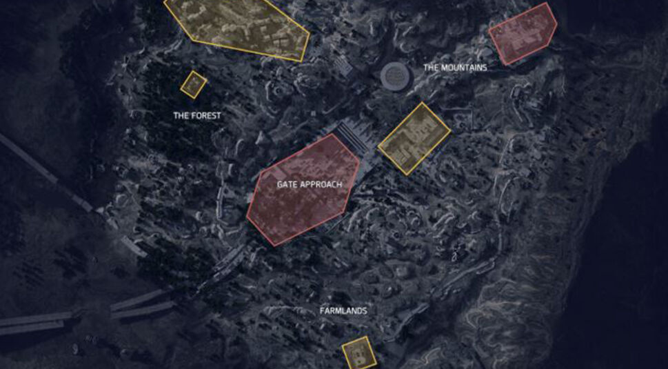 Auf der Übersicht der Arc Raiders Maps ist die Map The Blue Gate aus der Vogelperspektive zu sehen. Markierte Bereiche wie „Gate Approach“, „The Forest“, „The Mountains“ und „Farmlands“ strukturieren das weitläufige Gelände. Farblich hervorgehobene Zonen kennzeichnen strategische Hotspots rund um das zentrale Tor. Die Landschaft wirkt offen, hügelig und taktisch anspruchsvoll.